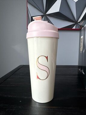 Kate Spade Cream & Pink Monogram travel Cup with Gold Accent - S
